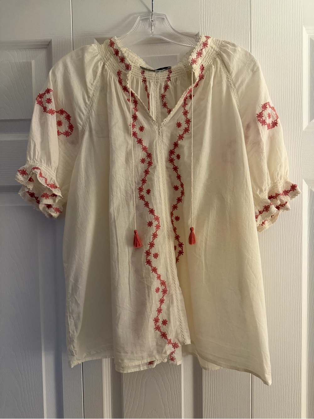Dex Cream Peasant Blouse with Coral Embroidery
